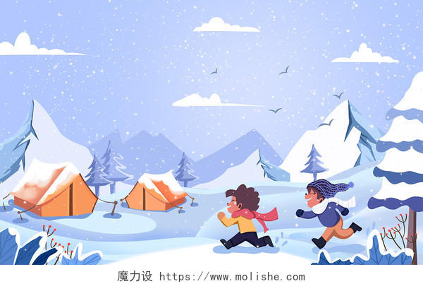 手绘卡通扁平风冬天孩子欢乐玩耍雪天插画大雪背景